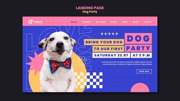 Modelo de página de destino de festa de cachorro de design plano