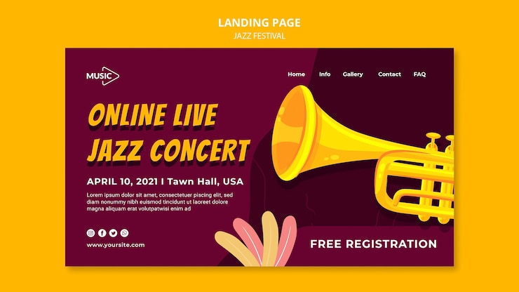 PSD grátis modelo de página de destino de festival de jazz online ao vivo