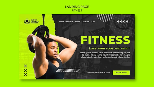 Modelo de página de destino de fitness e academia de design plano