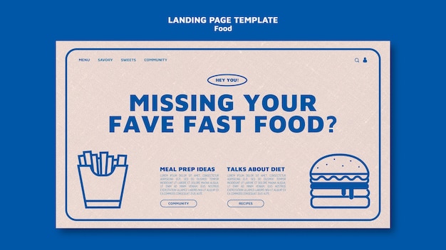Modelo de página de destino de restaurante de fast food em estilo simples monocromático