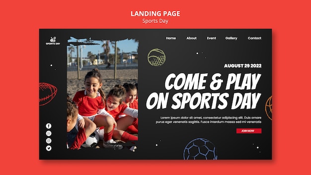PSD grátis modelo de página de destino do dia esportivo com bolas desenhadas à mão