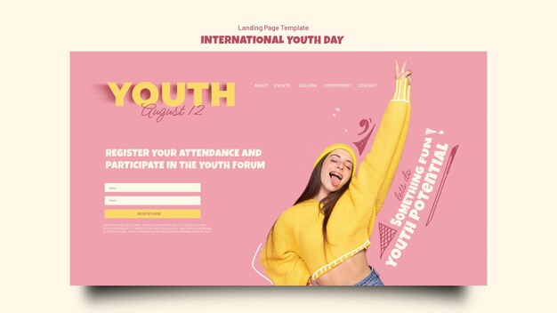 Modelo de página de destino do dia internacional da juventude com adolescente