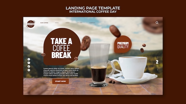 PSD grátis modelo de página de destino do dia internacional do café