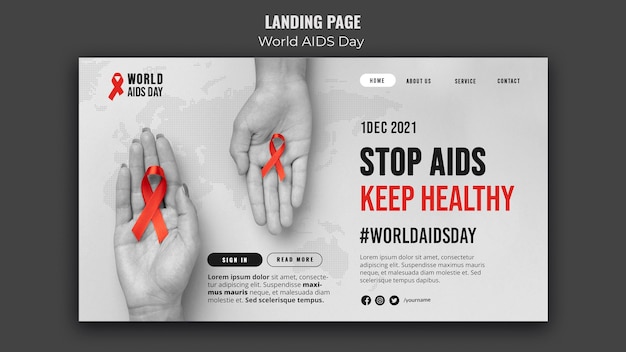 Modelo de página de destino do dia mundial da aids com fita vermelha