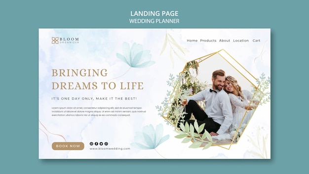Modelo de página de destino do planejador de casamento com design floral em aquarela