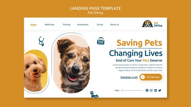 Modelo de página de destino para animais de estimação de design plano