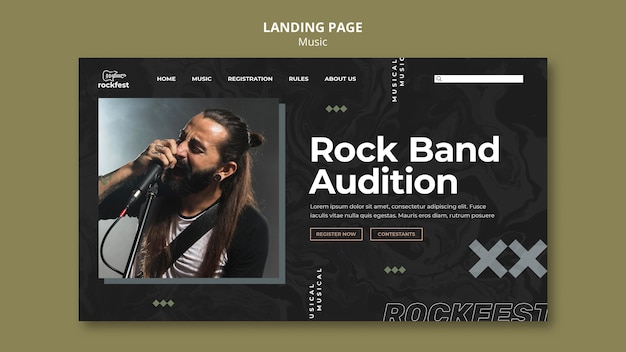 PSD grátis modelo de página de destino para audições de banda de rock