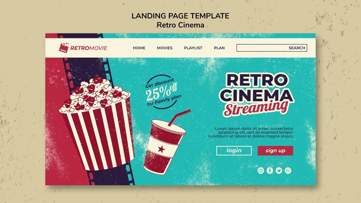 PSD grátis modelo de página de destino para cinema retrô