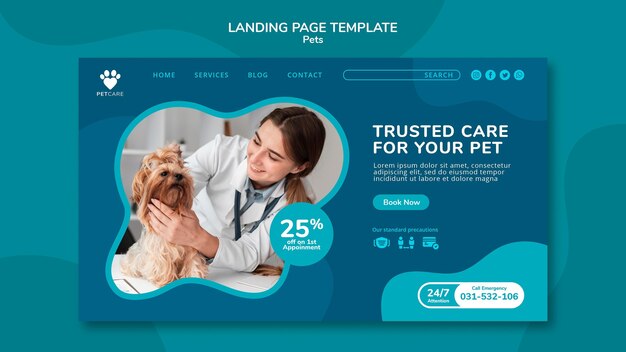 Modelo de página de destino para cuidados com animais de estimação com cadela veterinária e yorkshire terrier
