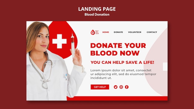 Modelo de página de destino para doação de sangue