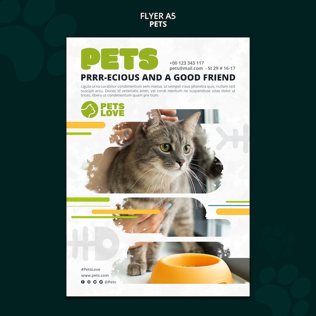 Modelo de panfleto de cuidado de animais de estimação de design plano