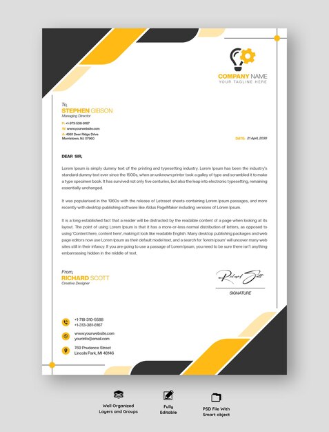 Modelo de papel timbrado empresarial e corporativo moderno