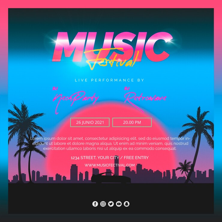 PSD grátis modelo de post quadrado para festival de música dos anos 80