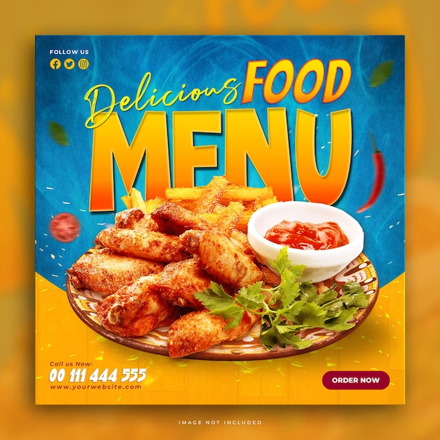 Modelo de postagem de mídia social de frango frito de menu de comida deliciosa