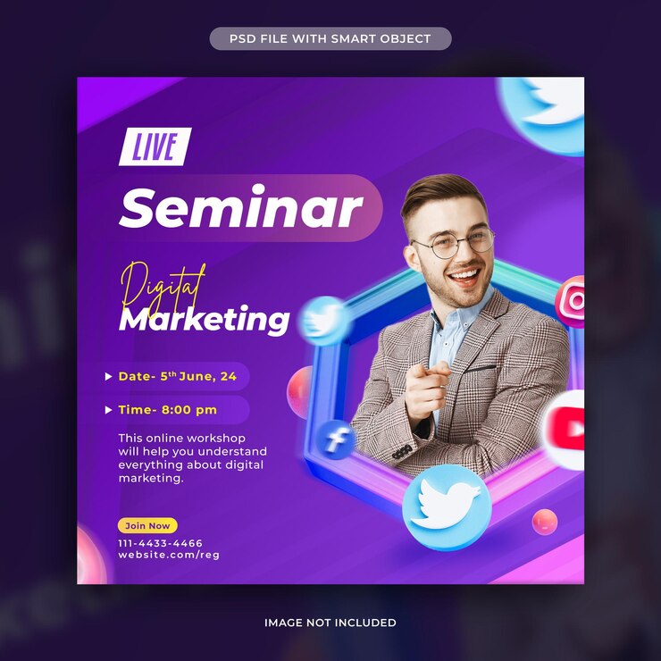 PSD grátis modelo de postagem de mídia social de seminário ao vivo de marketing digital