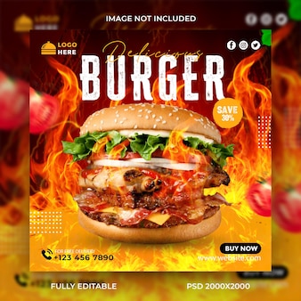 Modelo de postagem de mídia social para deliciosos hambúrgueres promoção de cardápio de comida