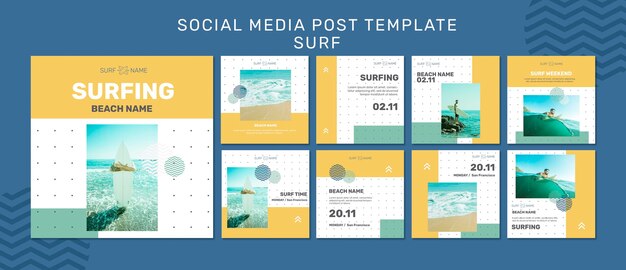 Modelo de postagem em mídia social de anúncio de surfe