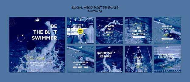 Modelo de postagens de mídias sociais de aulas de natação