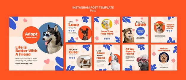 Modelo de postagens do instagram de animais de estimação fofos de design plano
