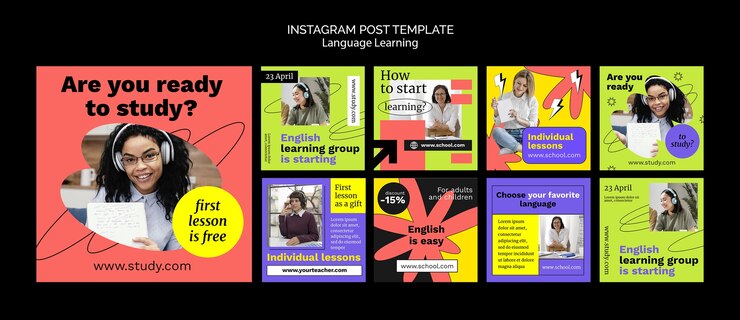 PSD grátis modelo de postagens do instagram de aprendizado de idiomas desenhado à mão