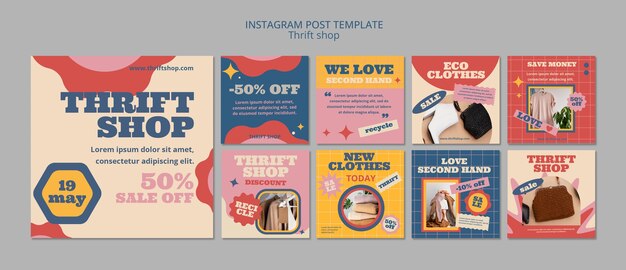 Modelo de postagens do instagram de brechó de design plano