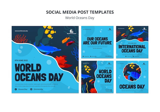 PSD grátis modelo de postagens do instagram do dia mundial dos oceanos de design plano