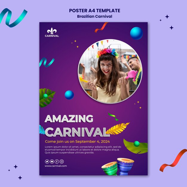 Modelo de pôster A4 para carnaval brasileiro