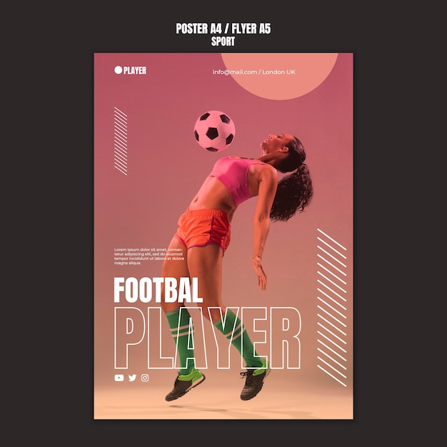 PSD grátis modelo de pôster de esporte com foto de mulher jogando futebol