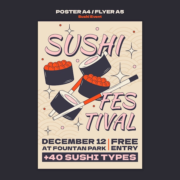 PSD grátis modelo de pôster de evento de sushi desenhado à mão