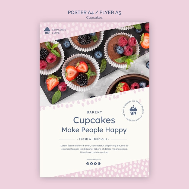 PSD grátis modelo de pôster delicioso de cupcakes com foto