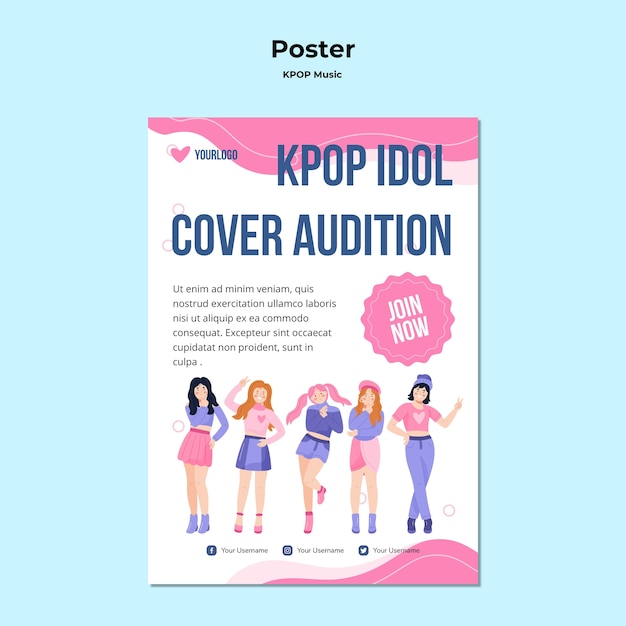 PSD grátis modelo de pôster k-pop com ilustração