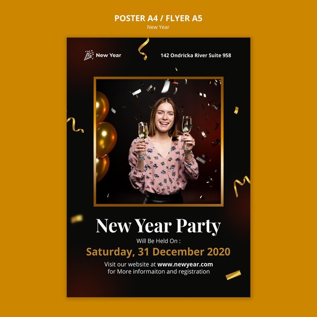 Modelo de pôster para festa de ano novo com mulher e confete