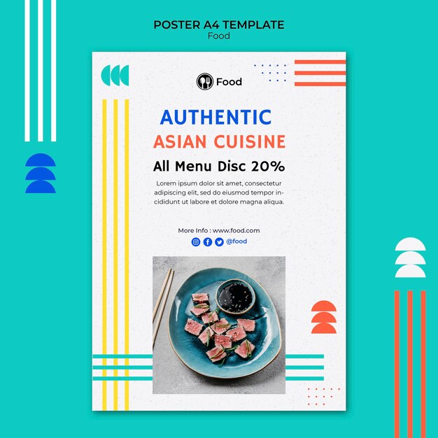 Modelo de pôster vertical com pratos da culinária asiática