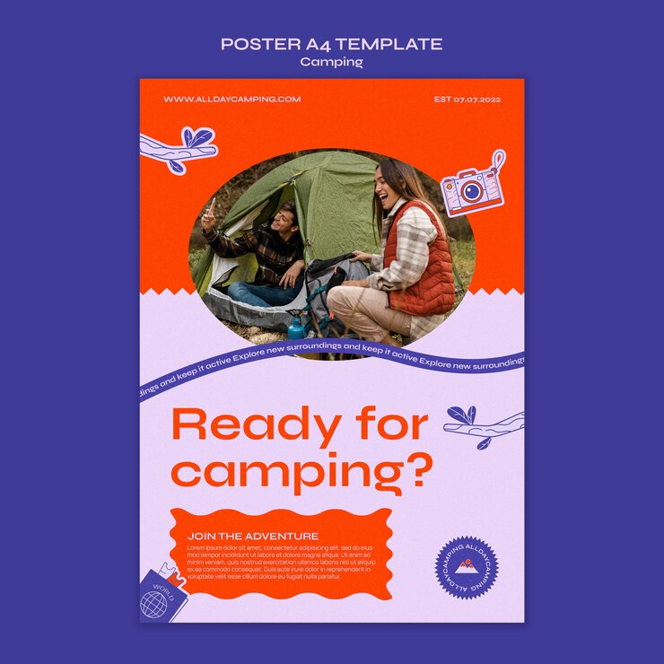 PSD grátis modelo de pôster vertical de acampamento com galhos e folhas