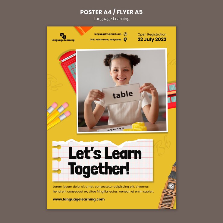 PSD grátis modelo de pôster vertical de cursos de aprendizado de inglês com elementos em inglês