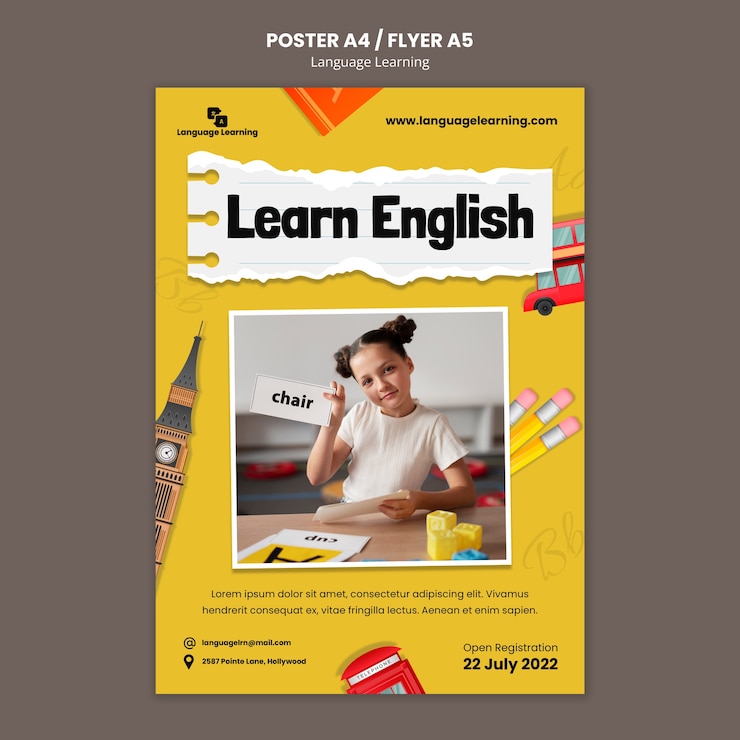 PSD grátis modelo de pôster vertical de cursos de aprendizado de inglês com elementos em inglês