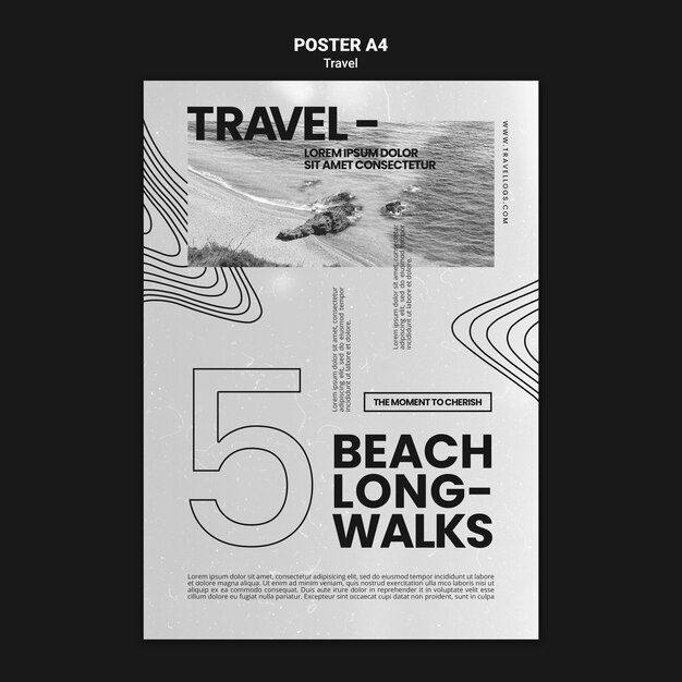 Modelo de pôster vertical monocromático para longas caminhadas relaxantes na praia