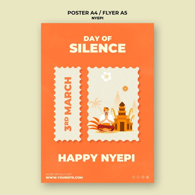 Modelo de pôster vertical para celebração nyepi com templo