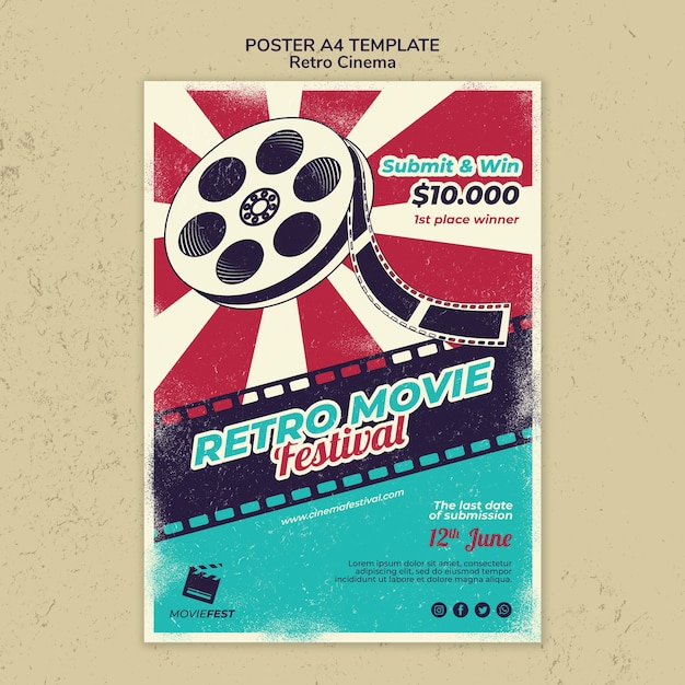 PSD grátis modelo de pôster vertical para cinema retrô