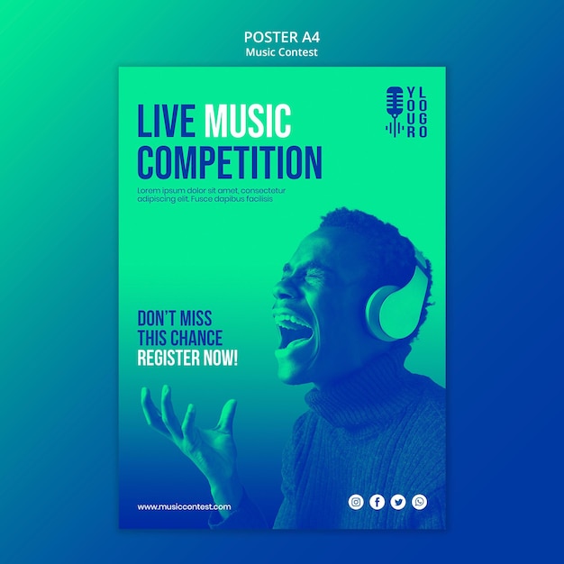 Modelo de pôster vertical para concurso de música ao vivo com artista