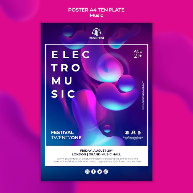 Modelo de pôster vertical para festival de música eletro com formas de efeito líquido neon