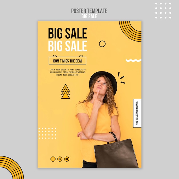 Modelo de pôster vertical para grande venda com mulher e sacola de compras