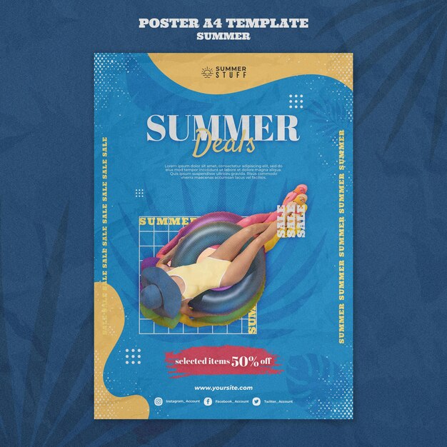 Modelo de pôster vertical para liquidação de verão com mulher