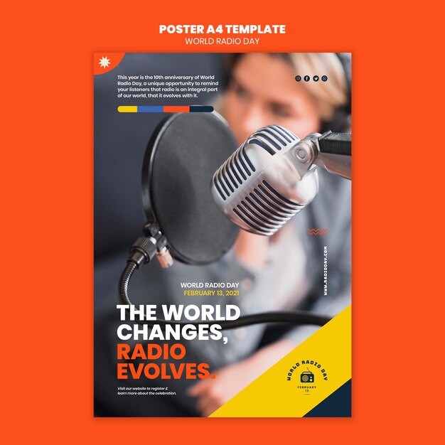 Modelo de pôster vertical para o dia mundial do rádio com emissora e microfone
