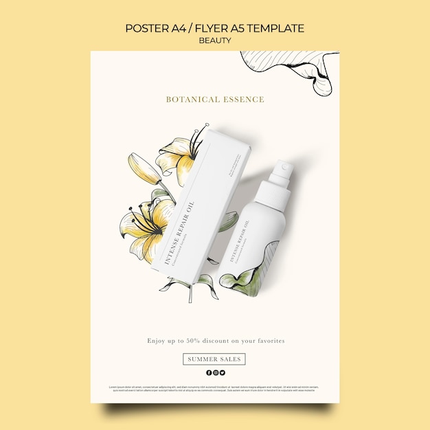 Modelo de pôster vertical para produtos de beleza com flores desenhadas à mão