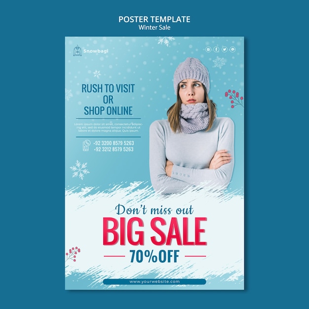 Modelo de pôster vertical para venda de inverno com mulher e flocos de neve