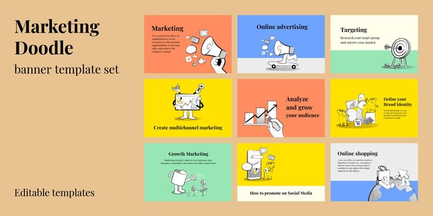 Modelos de banner de marketing editáveis ilustrações de psd doodle para conjunto de negócios