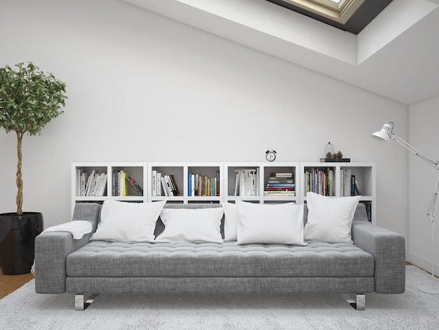 PSD grátis moderna sala de estar com quadros de sofá e almofadas