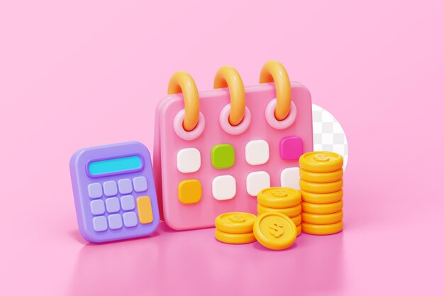 Moeda de dinheiro com negócios de investimento de economia de calendário e calculadora e conceito de finanças ilustração de fundo 3D