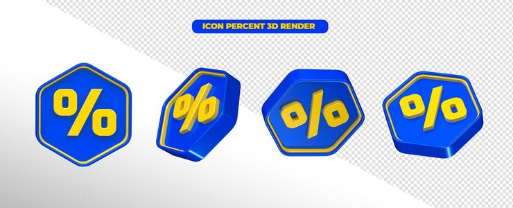 Moeda por cento em 3d renderização azul e amarelo em fundo transparente